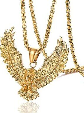 NEW Gold Plated Stainless Steel Animal American Eagle Tag Pendant Wings Necklace